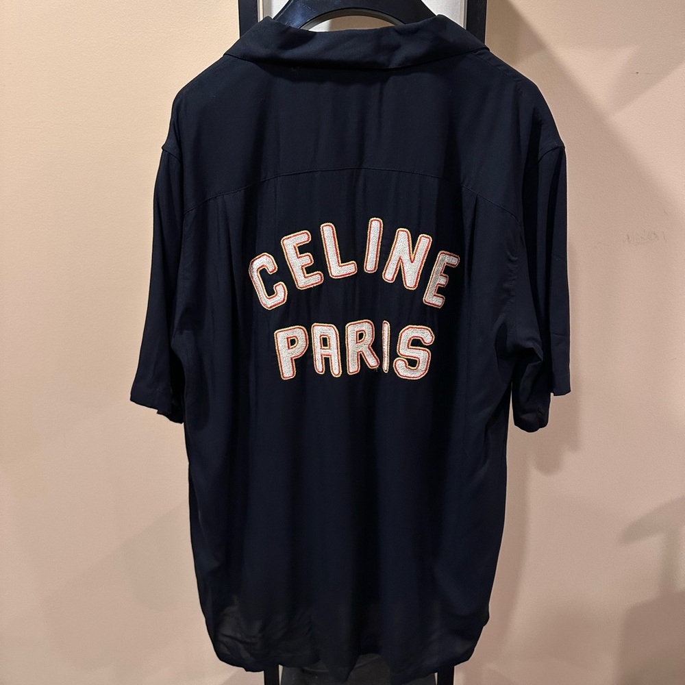 Celine x Hedi Slimane Hawaiian Embroidered Logo Black Shirt
